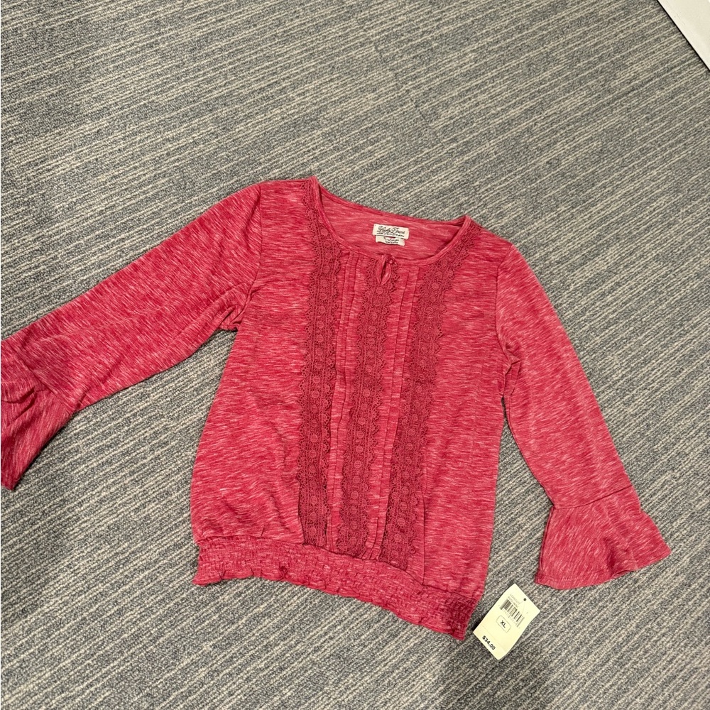 Girls Lucky Brand Pink Bell Sleeve Top with Lace Detail- size XL